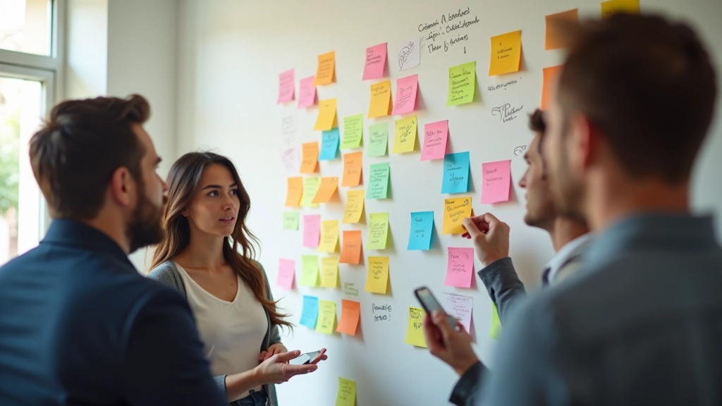 Parete piena di post-it colorati durante sessione di brainstorming con diagrammi e schemi visivi