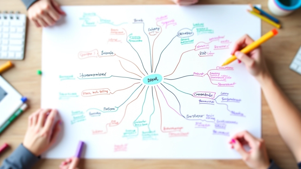 Foglio di carta con una mappa mentale colorata, diversi colori di pennarelli e annotazioni per visualizzare i problemi complessi