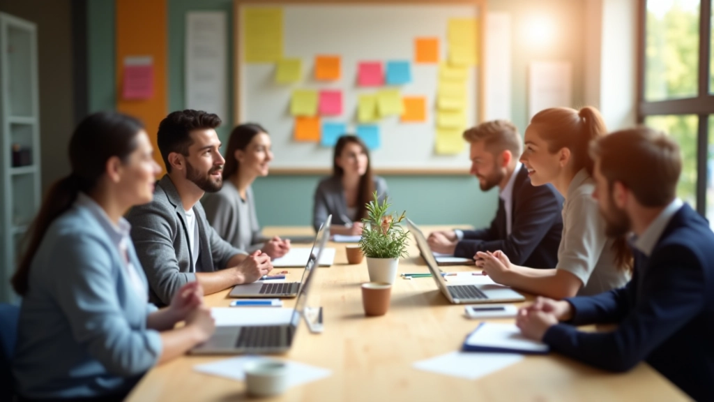 Persone in riunione creativa con laptop, post-it colorati e grafici su tavolo di lavoro moderno illuminato naturalmente