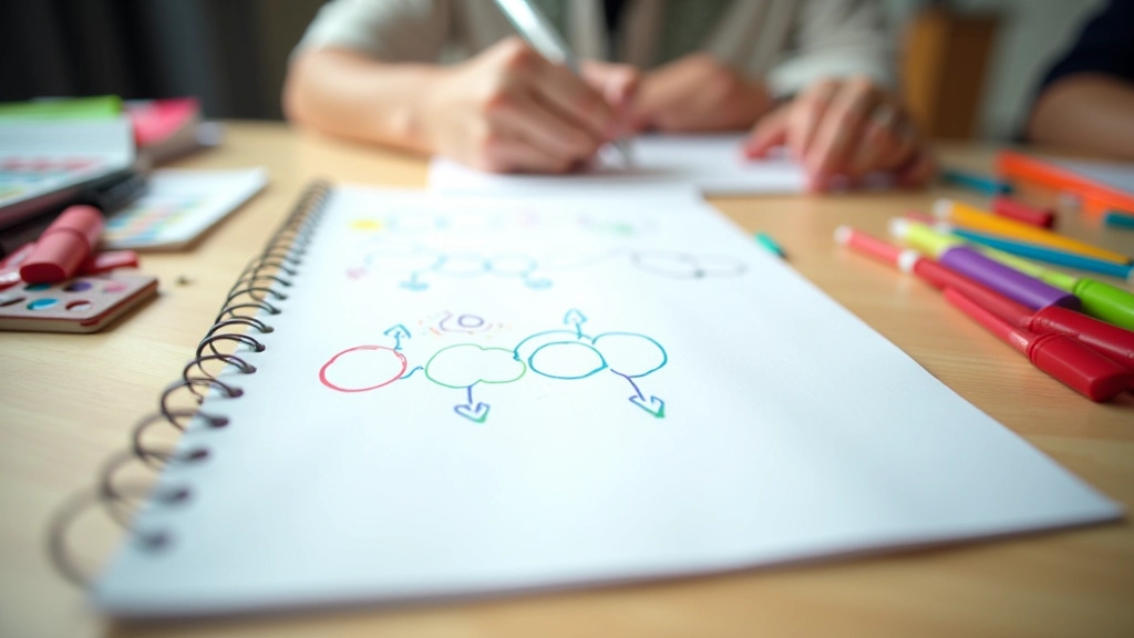 Materiali di brainstorming con pennarelli colorati, schizzi e notebook su tavolo di legno