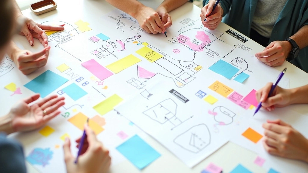 Tavolo di lavoro con foglietti colorati, matite, diagrammi e appunti per la risoluzione creativa dei problemi