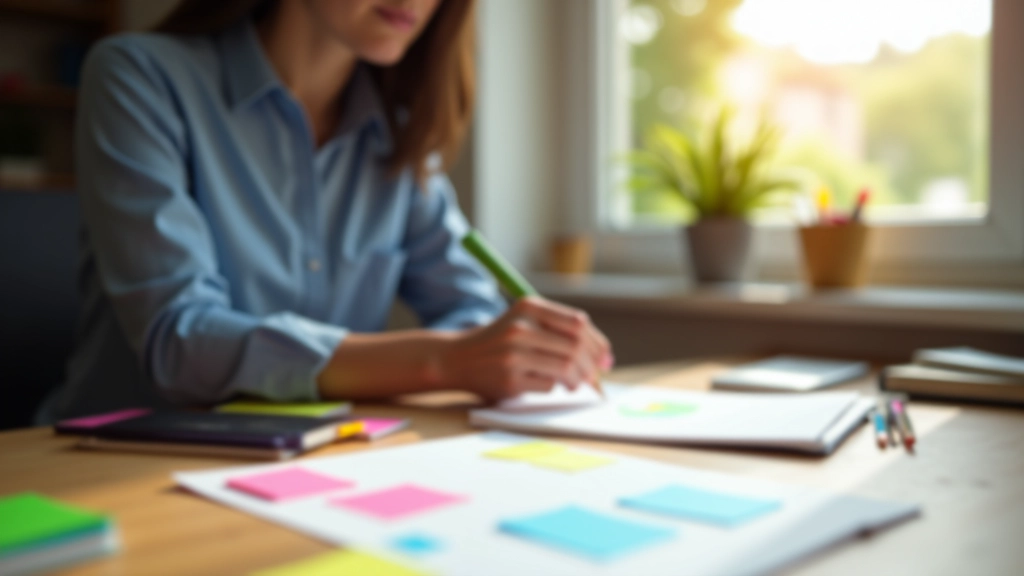 Persona al tavolo di lavoro con post-it colorati, blocco note e matite per design thinking e ideazione