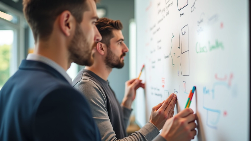 Persone che scrivono su foglio grande attaccato al muro, pennarelli colorati, gesto di collaborazione attiva, studio creativo luminoso