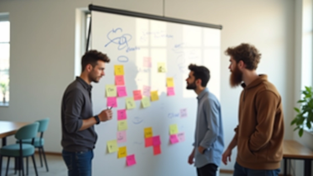 Spazio di lavoro collaborativo con team che brainstorma intorno a una lavagna bianca con note colorate