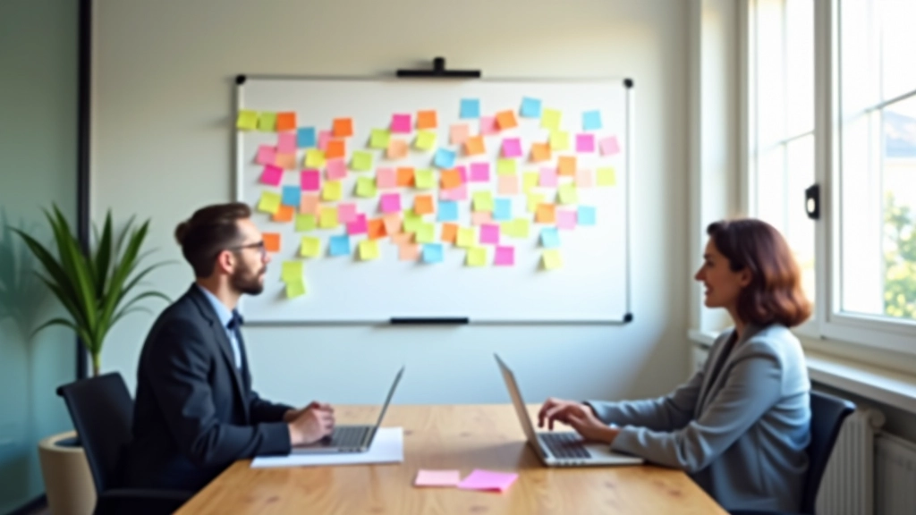 Riunione di follow-up in ufficio moderno con lavagna bianca piena di note adesive colorate, professionali seduti intorno a tavolo con documenti