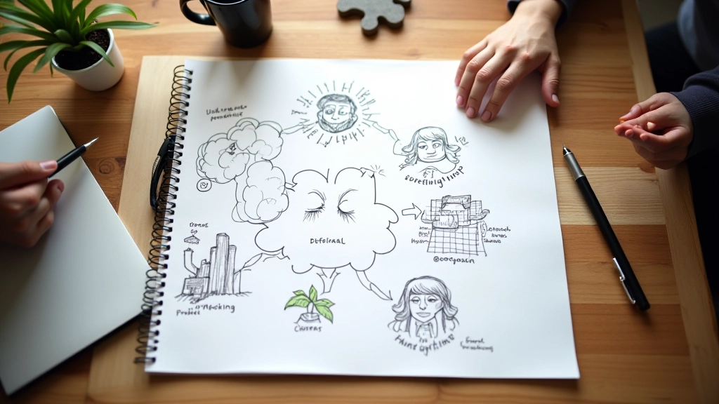 Foglio di carta con puzzle incompiuti e disegni sketchy che mostrano processi di pensiero creativo