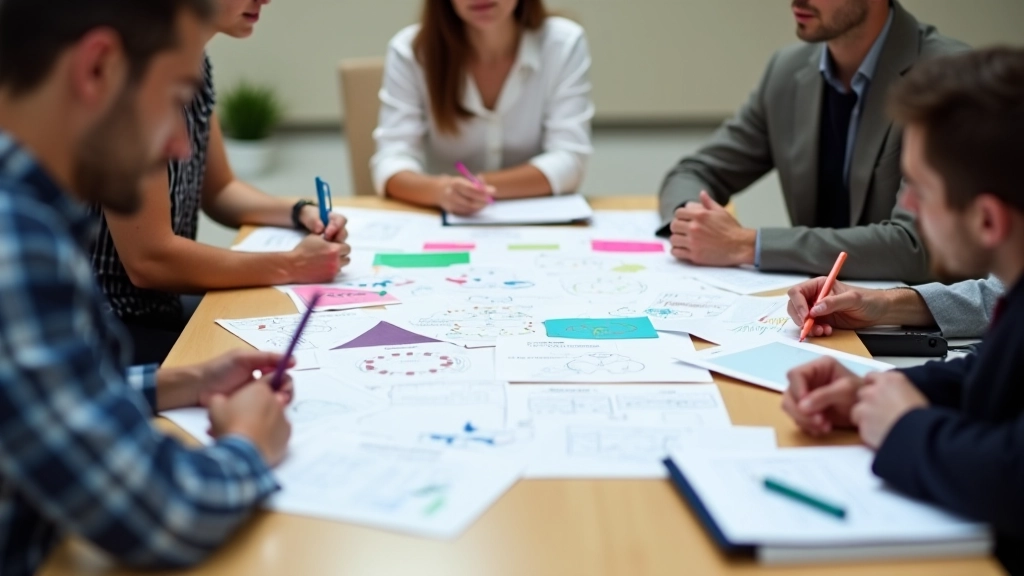 Persone sedute intorno a tavolo che usano mappe mentali e diagrammi per visualizzare il pensiero laterale