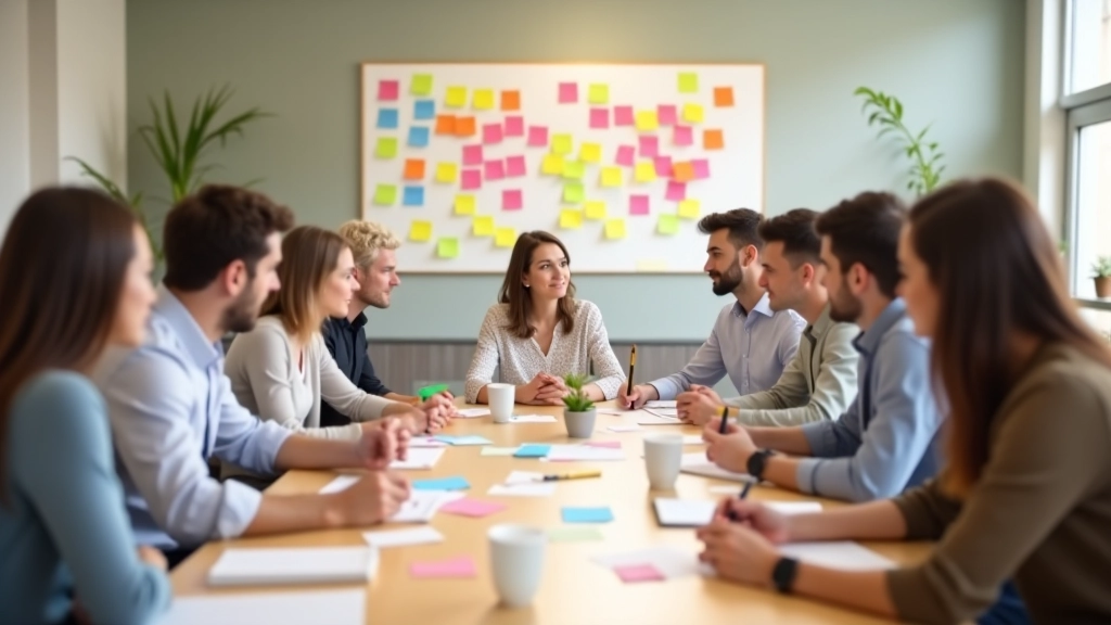 Sessione di brainstorming con persone intorno a un tavolo, post-it colorati appesi, discussione animata, ambiente creativo