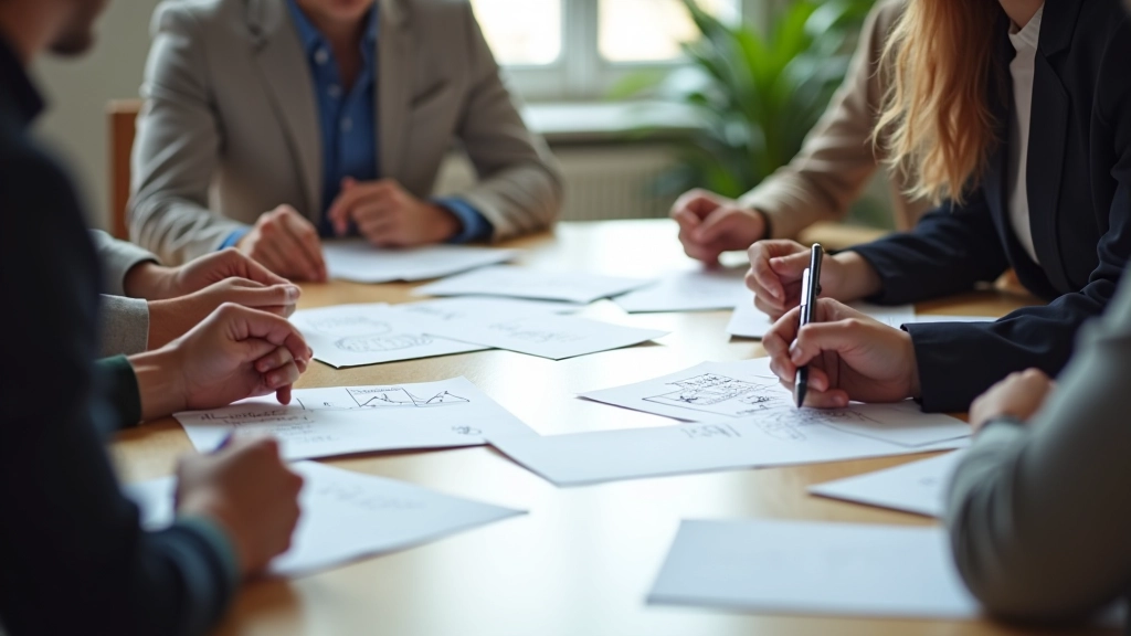 Riunione di team che discute attorno a tavolo con grafici, mappe mentali e idee innovative scritte