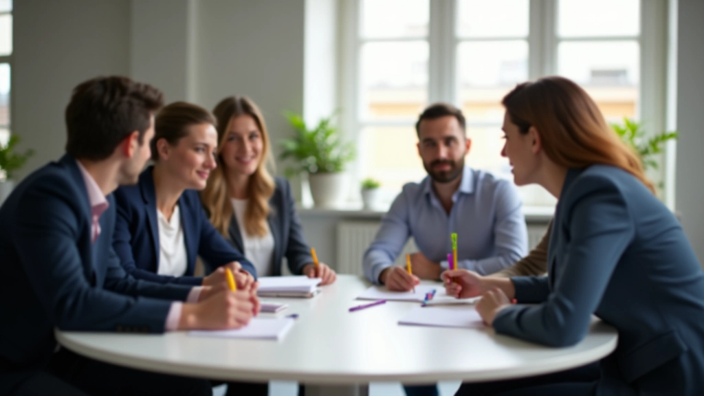 Gruppo di professionisti seduti intorno a tavolo rotondo con appunti e penne colorate, ambiente collaborativo moderno con luce naturale