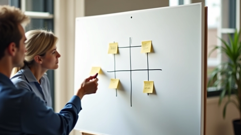 Lavagna bianca con matrice 2x2 disegnata, post-it posizionati, pianificazione strategica di stakeholder